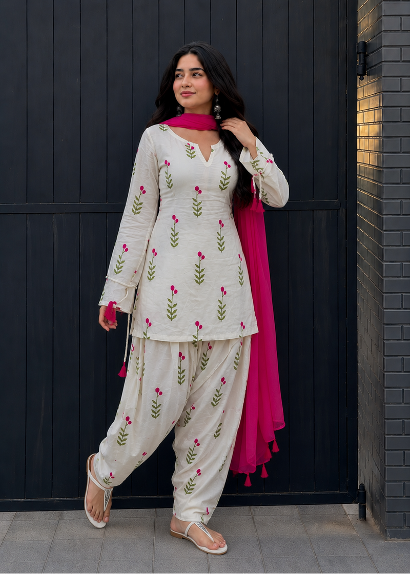 White & Pink Floral Patiala Kurta Set