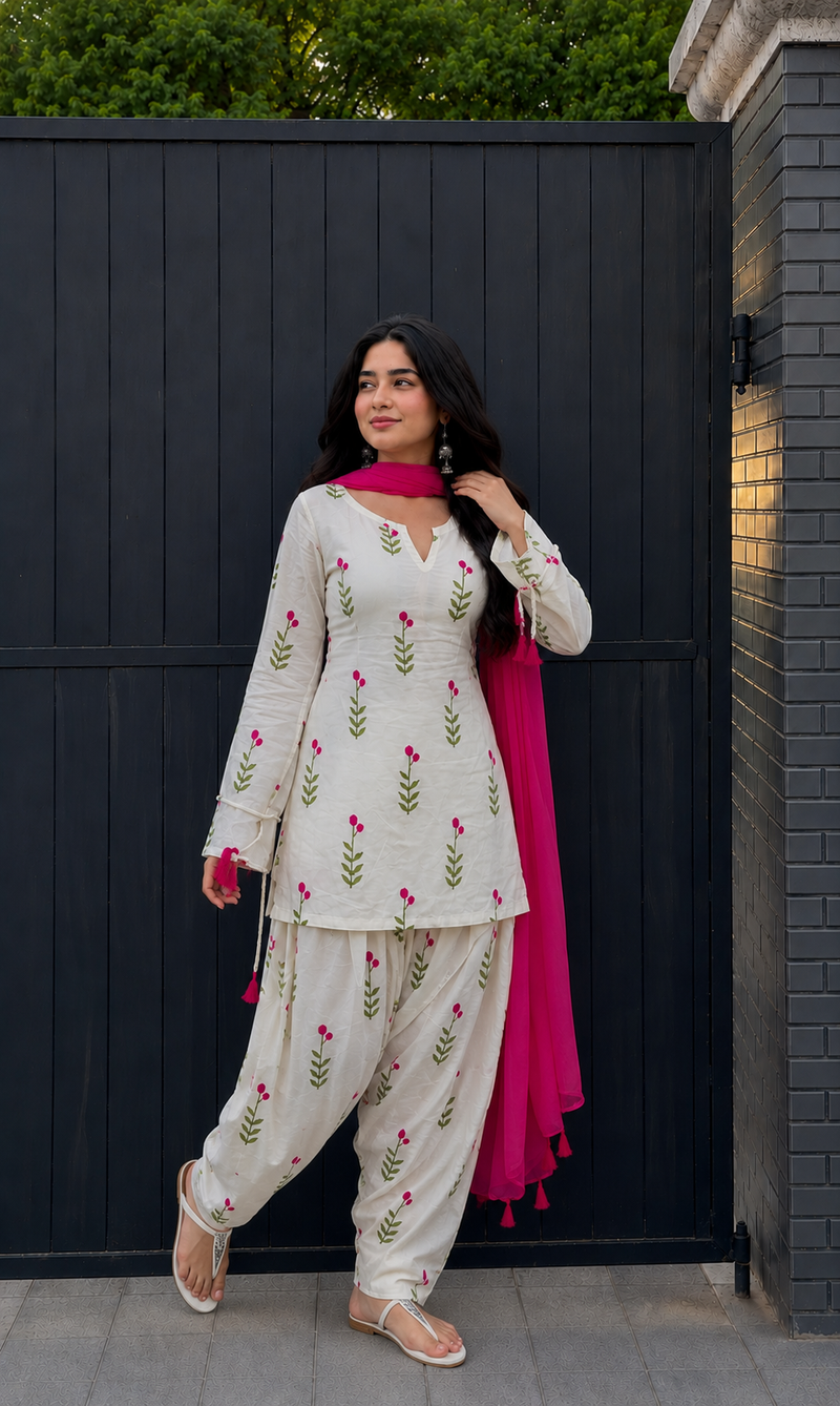 White & Pink Floral Patiala Kurta Set