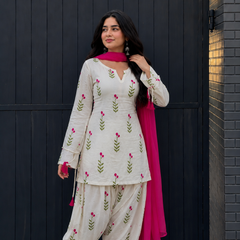 White & Pink Floral Patiala Kurta Set