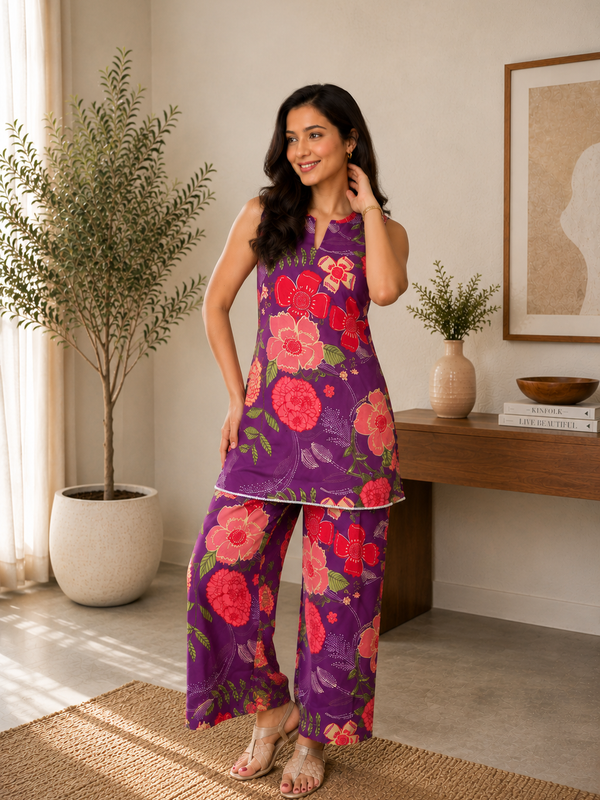 Purple Bloom Cotton Co-Ord Set
