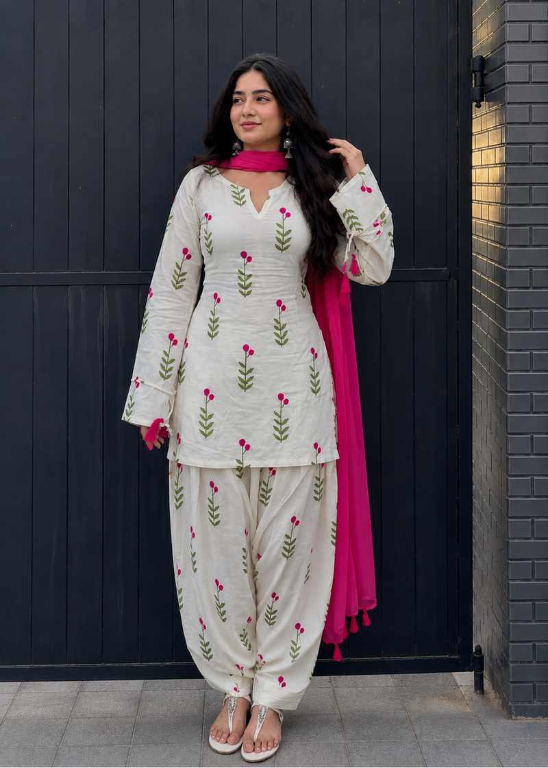 White & Pink Floral Patiala Kurta Set