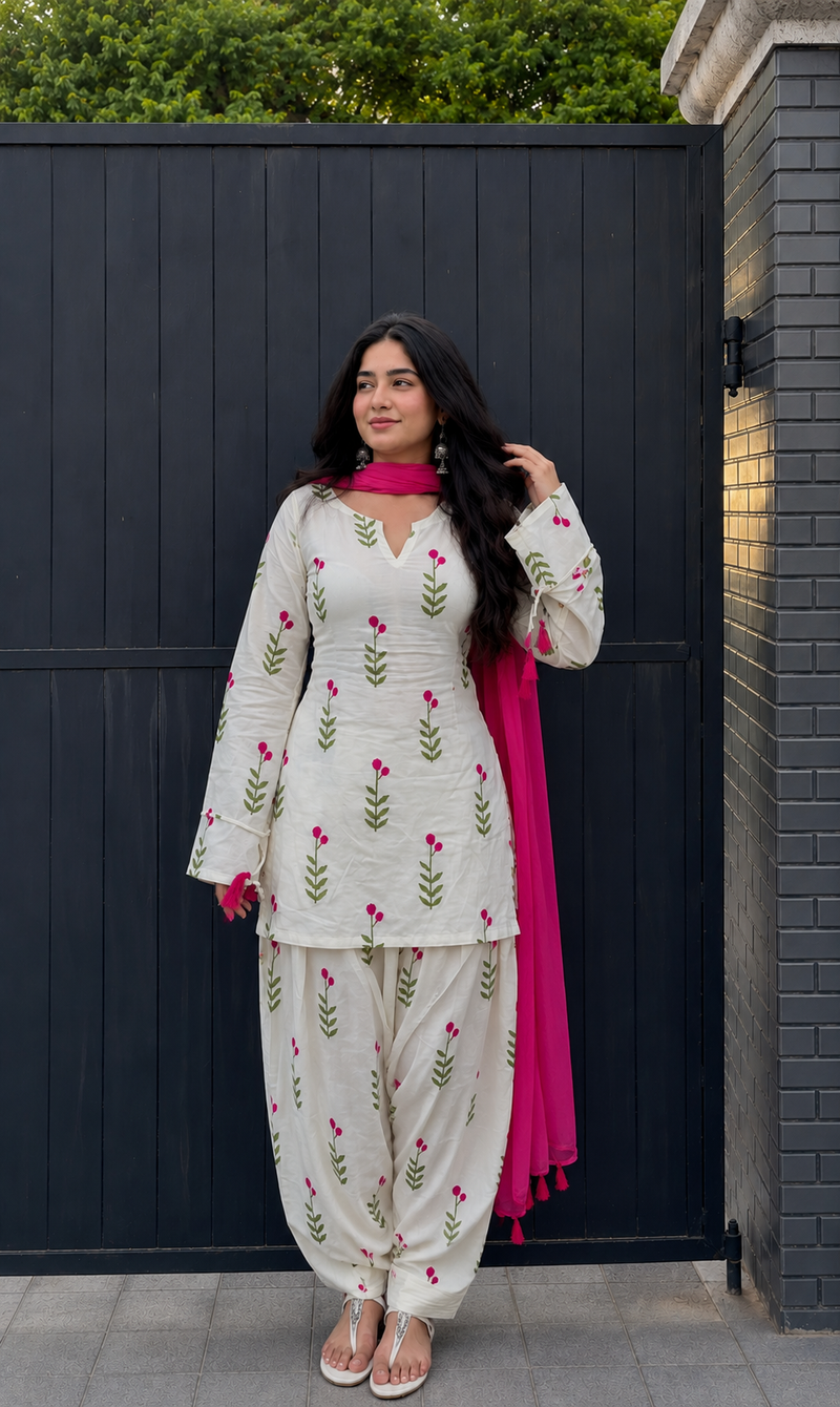 White & Pink Floral Patiala Kurta Set