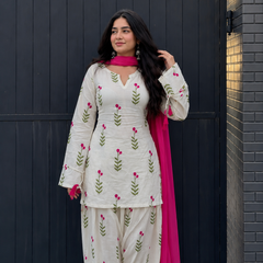White & Pink Floral Patiala Kurta Set
