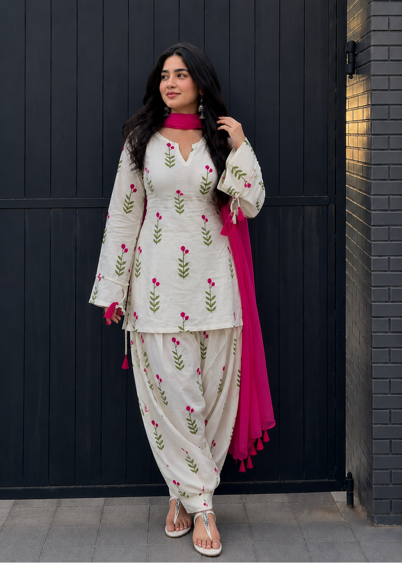 White & Pink Floral Patiala Kurta Set