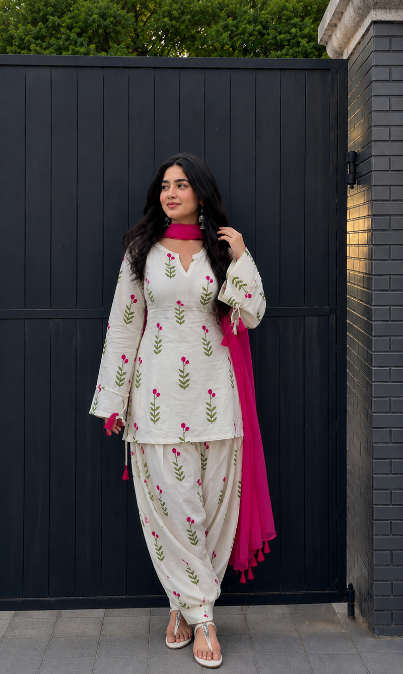 White & Pink Floral Patiala Kurta Set