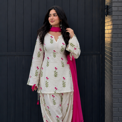 White & Pink Floral Patiala Kurta Set