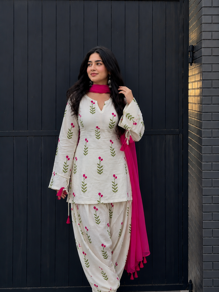 White & Pink Floral Patiala Kurta Set