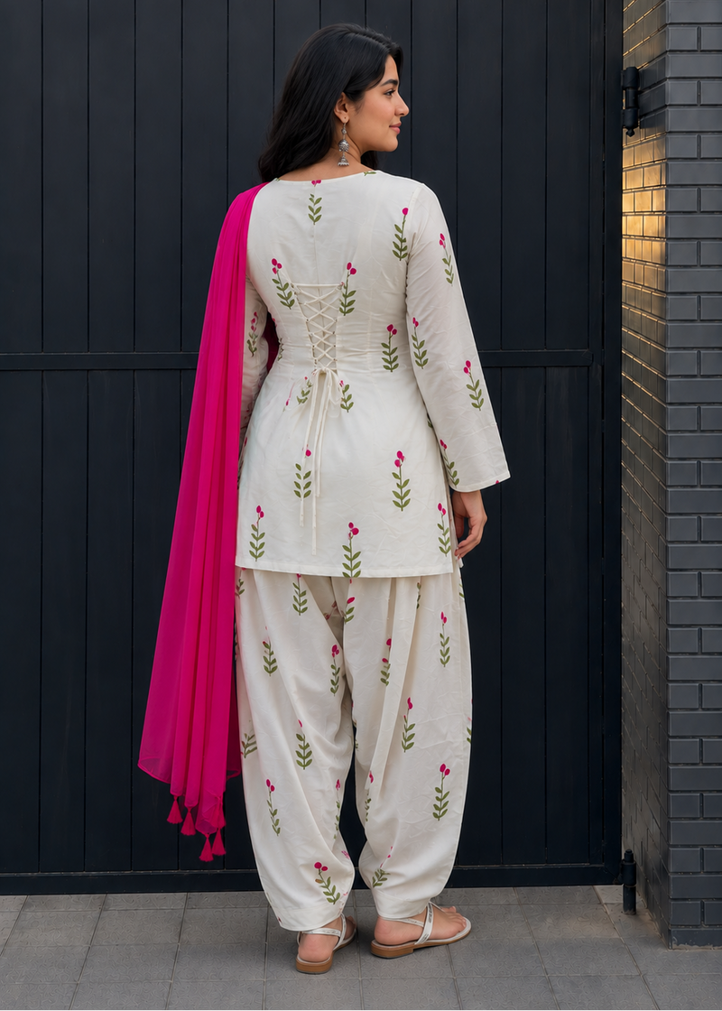 White & Pink Floral Patiala Kurta Set