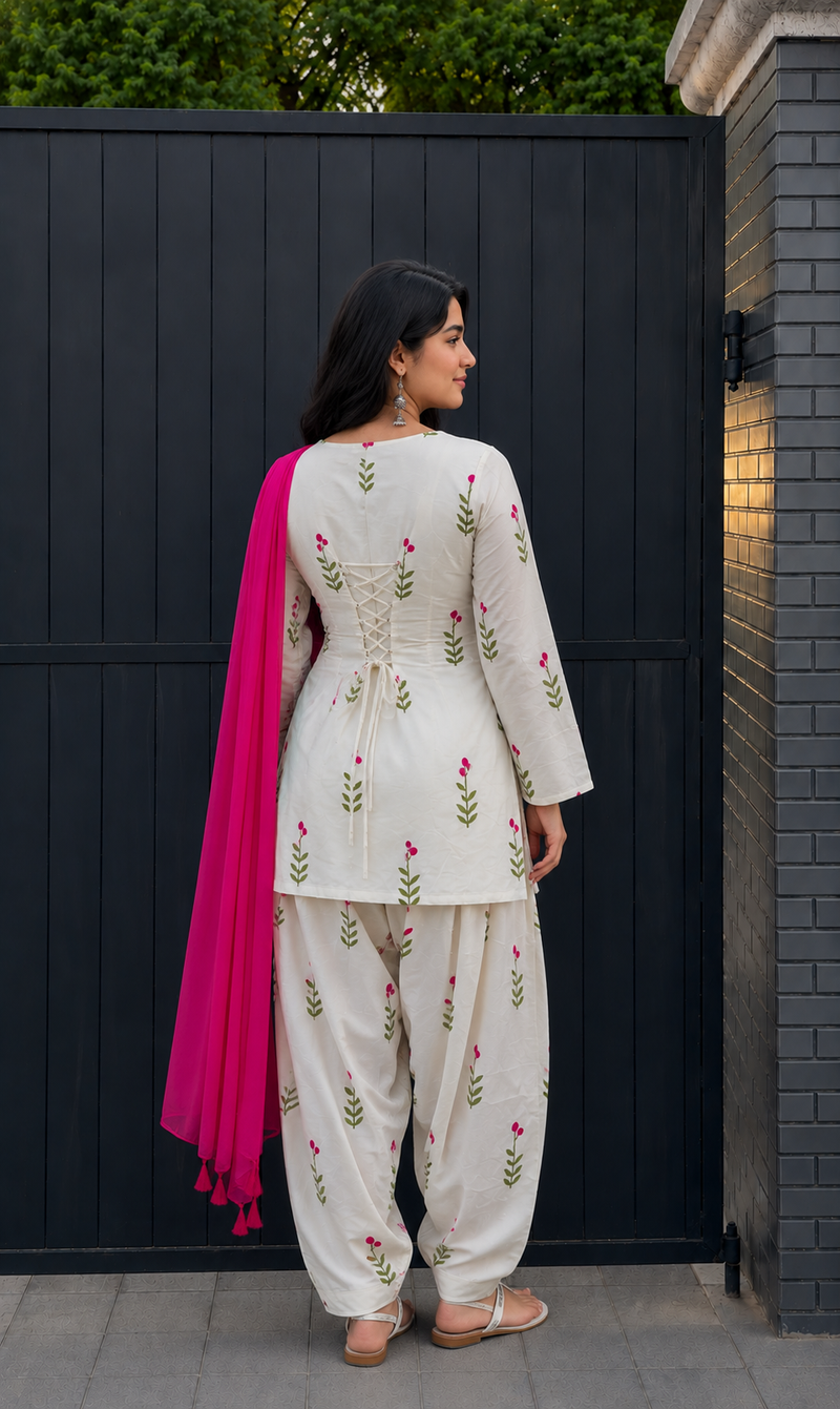 White & Pink Floral Patiala Kurta Set
