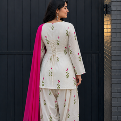 White & Pink Floral Patiala Kurta Set