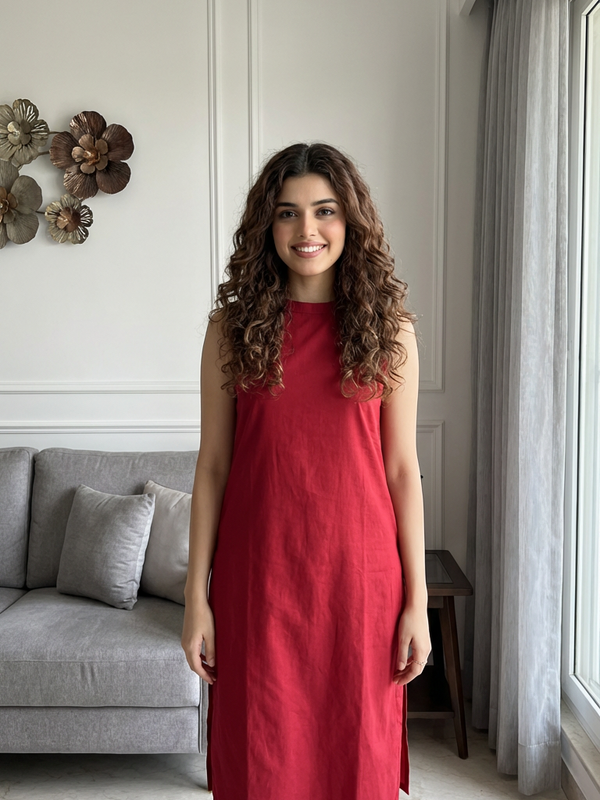 Red Sleeveless Straight Kurta Set Front