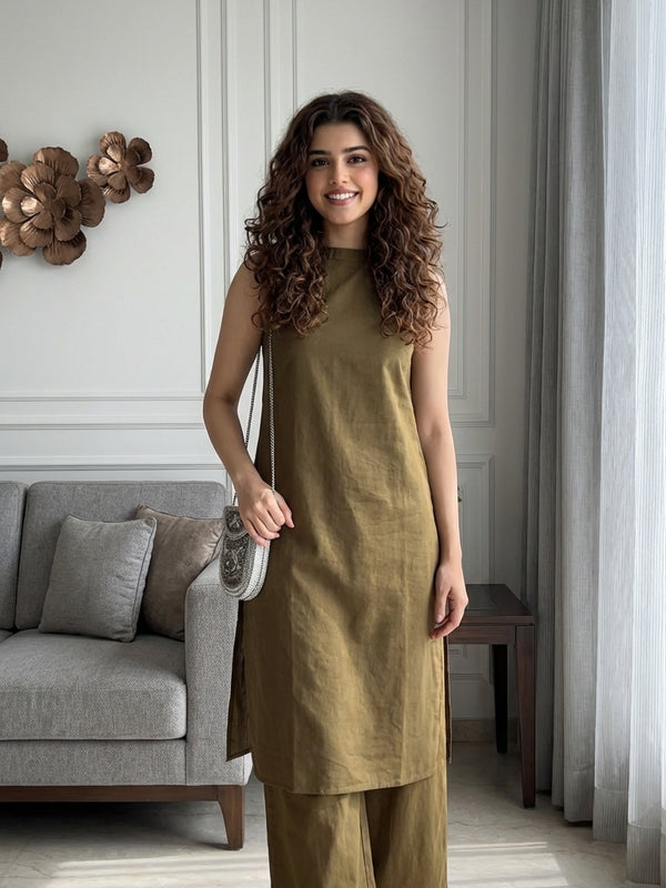 Olive Sleeveless Straight Kurta Set Front