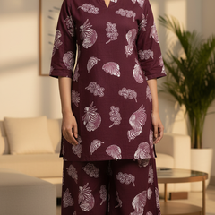 Wine Leaf Print Kurta Set