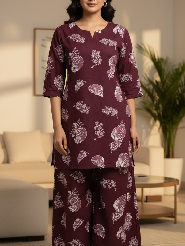 Wine Leaf Print Kurta Set