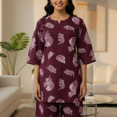 Wine Leaf Print Kurta Set