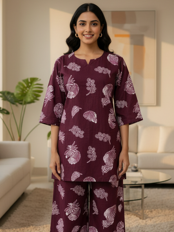 Wine Leaf Print Kurta Set