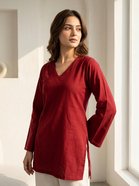 Maroon Cotton Full Sleeve Short Kurti