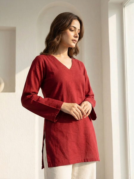 Maroon Cotton Full Sleeve Short Kurti