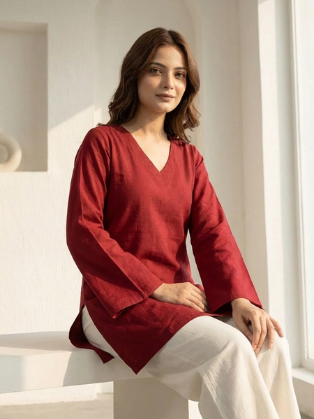 Maroon Cotton Full Sleeve Short Kurti