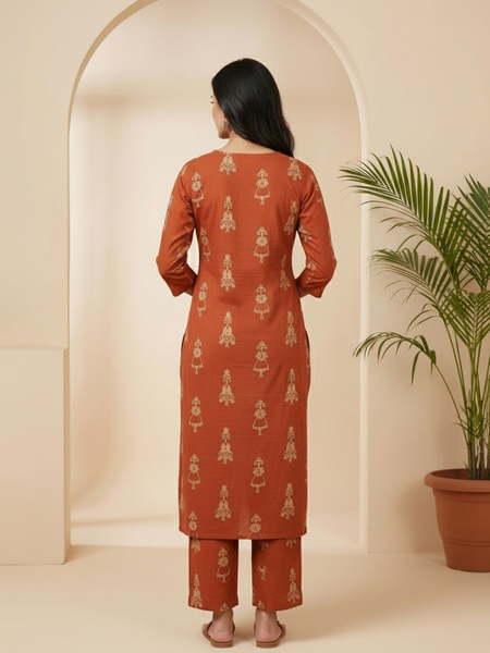 Brown Cotton Printed Suit Set