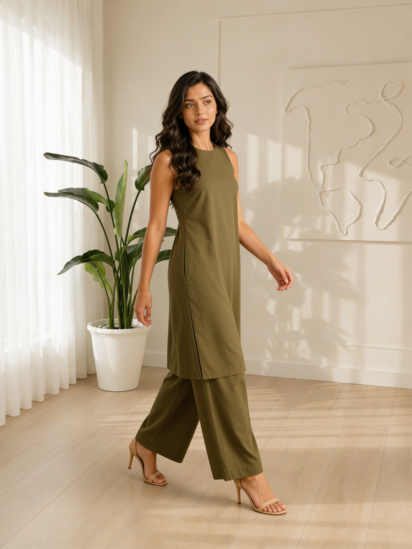 Solid Sleeveless Straight Kurta Set